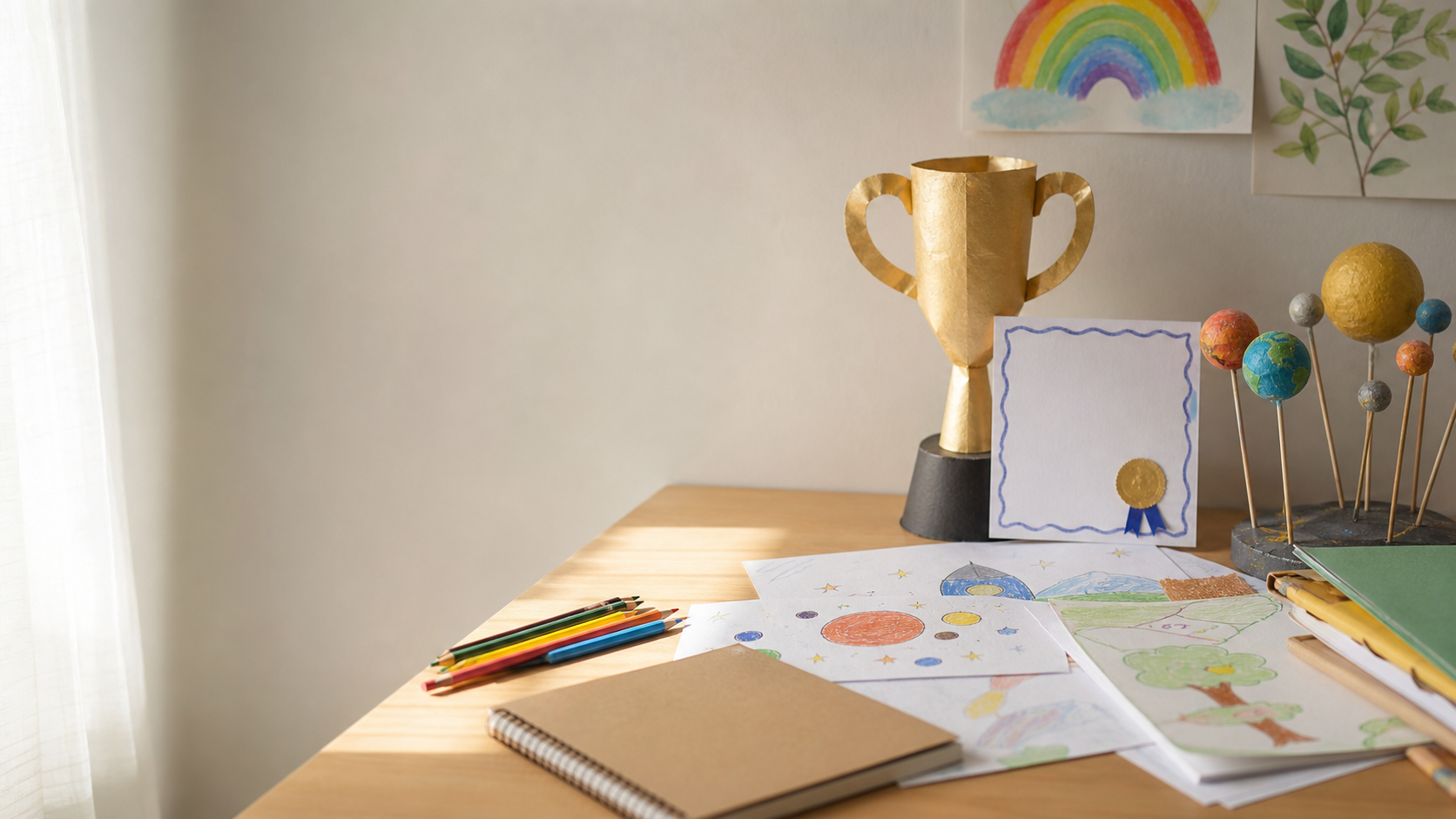 Children's drawings, certificates, pencils, and school project materials arranged on a desk